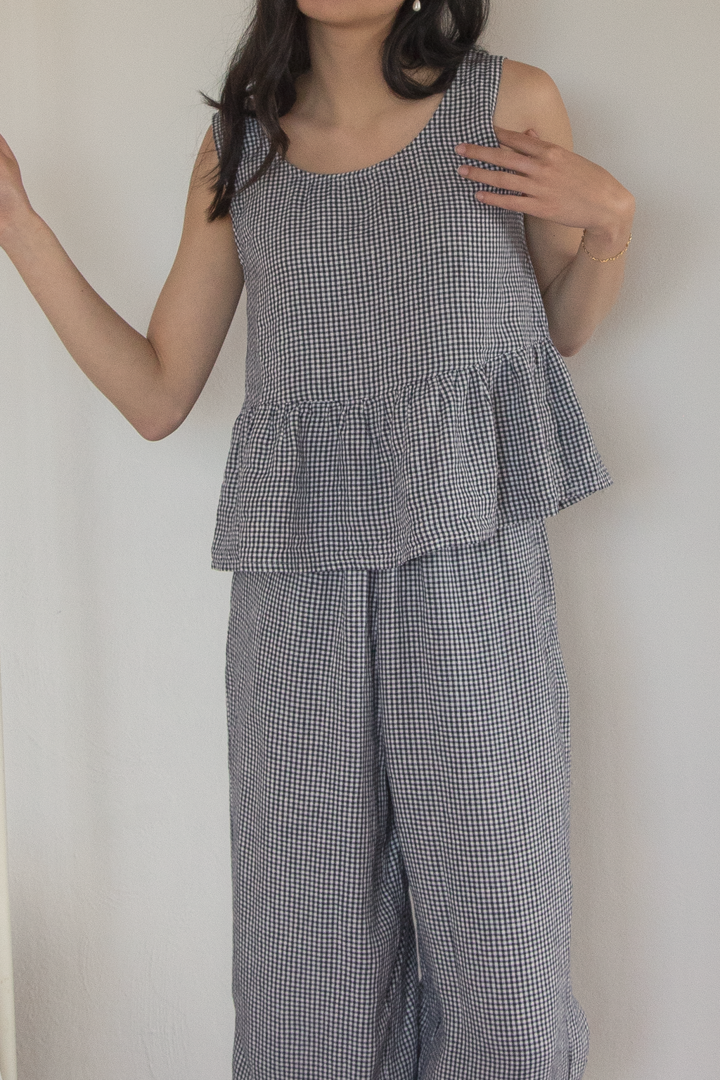 Model wearing the Marlowe Top in Marine Gingham by Gillian Stevens