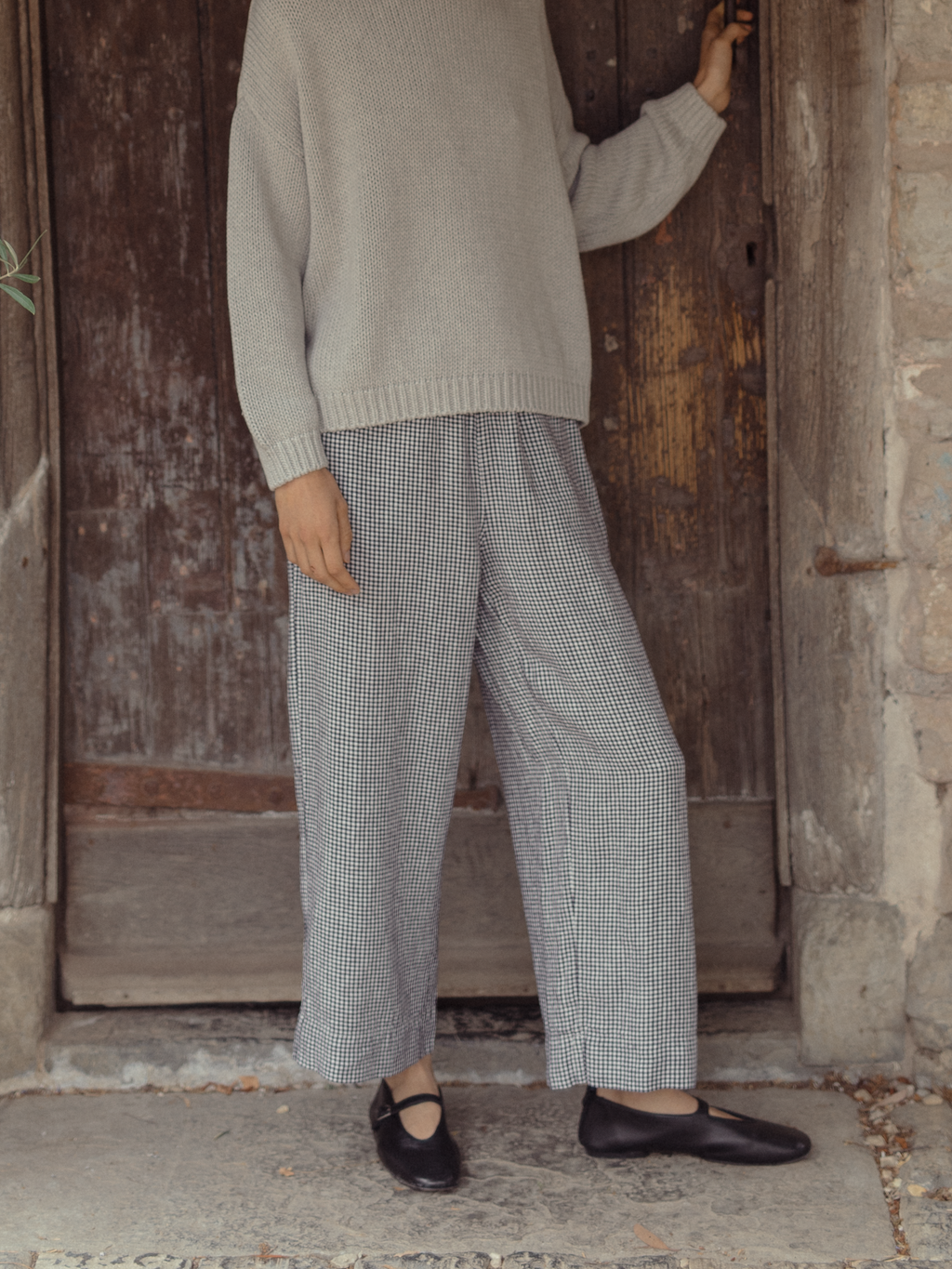 Model wearing the Olive Pant in Marine Gingham by Gillian Stevens, front view showing cropped wide leg