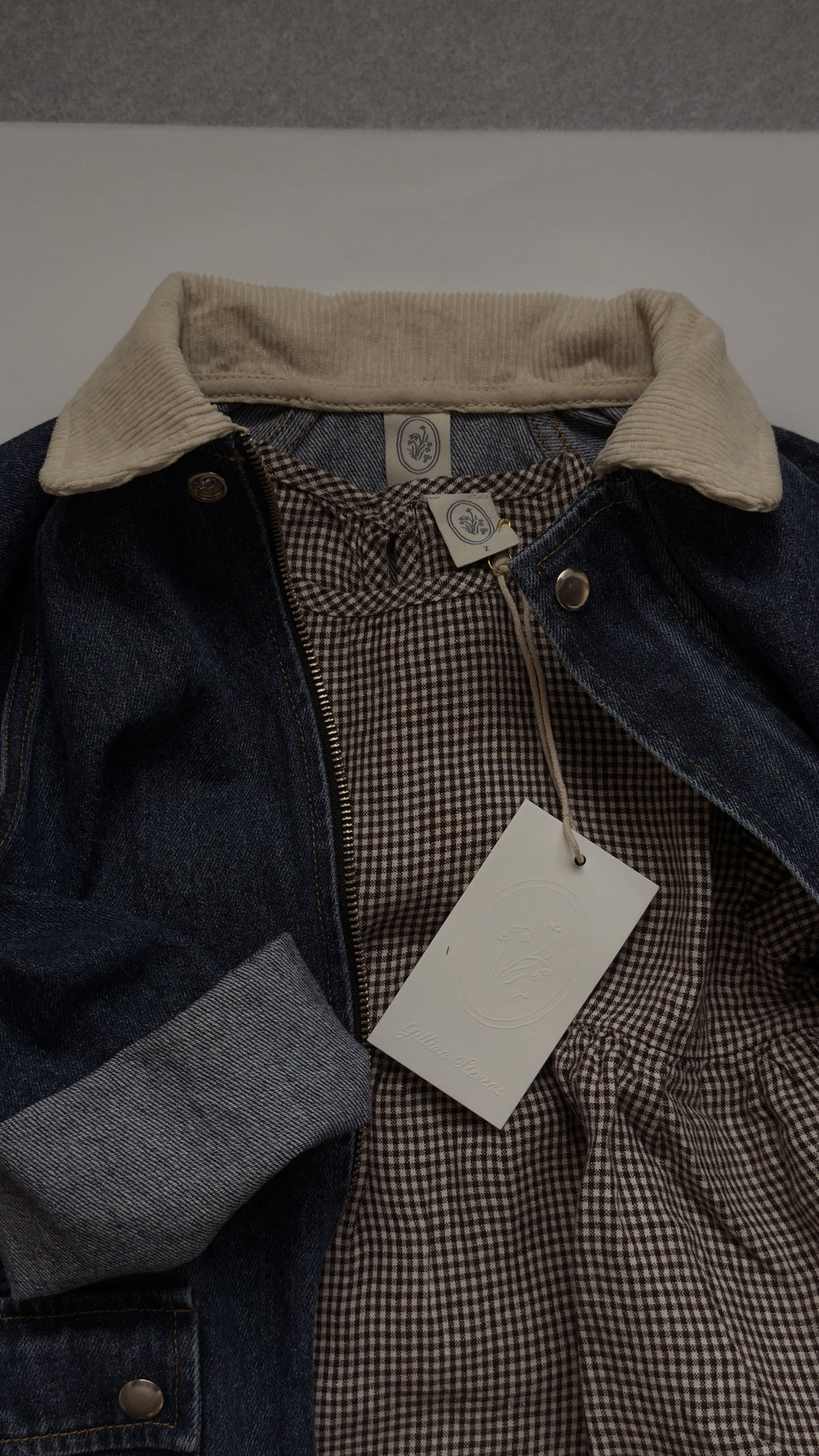 Close-up of the Mini Aya in Espresso Gingham by Gillian Stevens, layered under a denim jacket showing collar and tag detail