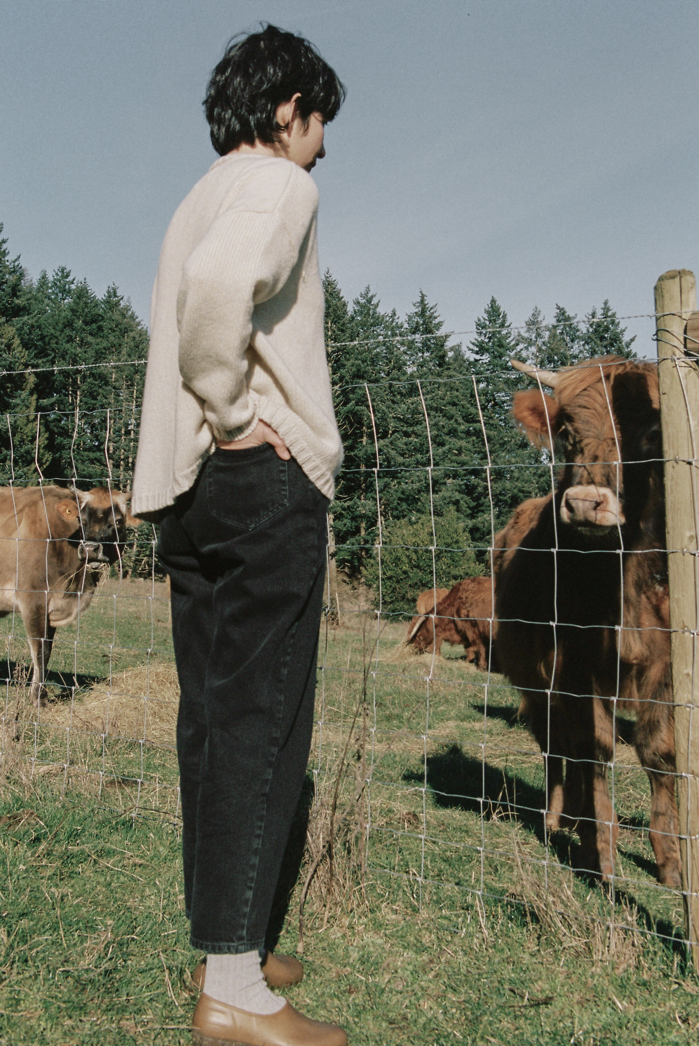 Model wearing the Dara Jean in Noir by Gillian Stevens, side view beside a farm fence with cattle